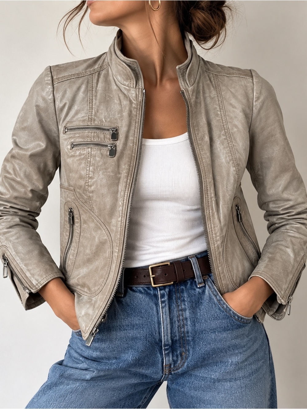 Laundry Shelli Segal Genuine Leather Moto Jacket XS Taupe Funnel Neck